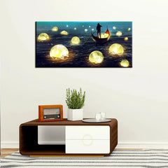 A Man Rowing Boat And Collect Glowing Moons Wall Painting A Man Rowing Boat And Collect Glowing Moons Wall Painting