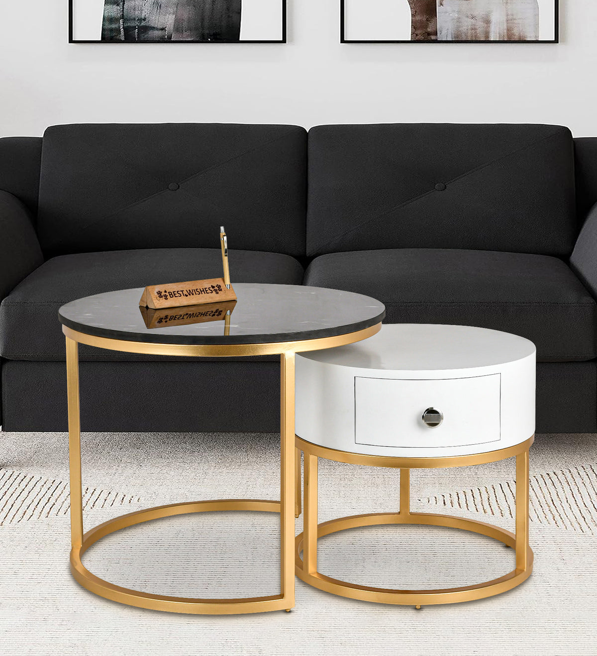 Ivey Nesting Tables With Storage With Black Marble