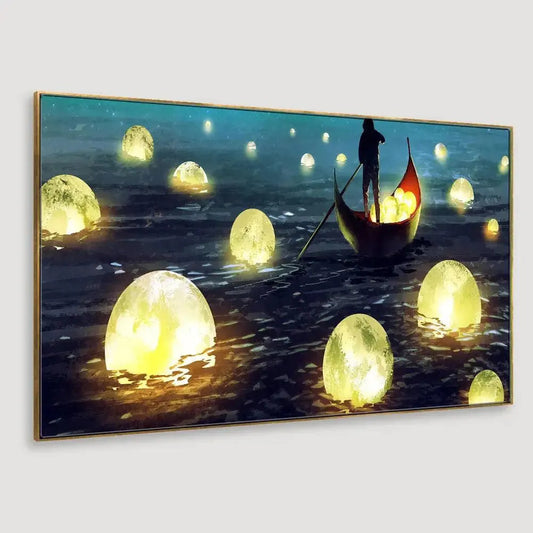 A Man Rowing Boat And Collect Glowing Moons Wall Painting