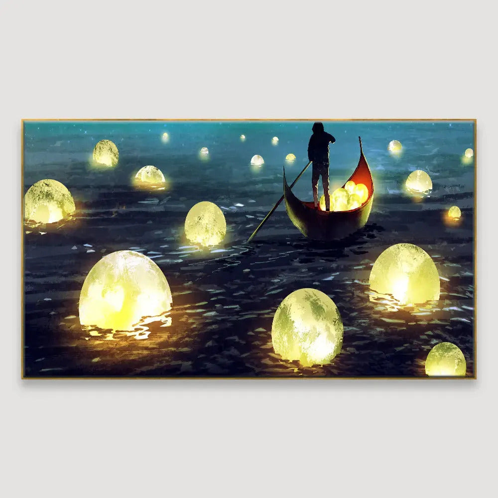 A Man Rowing Boat And Collect Glowing Moons Wall Painting