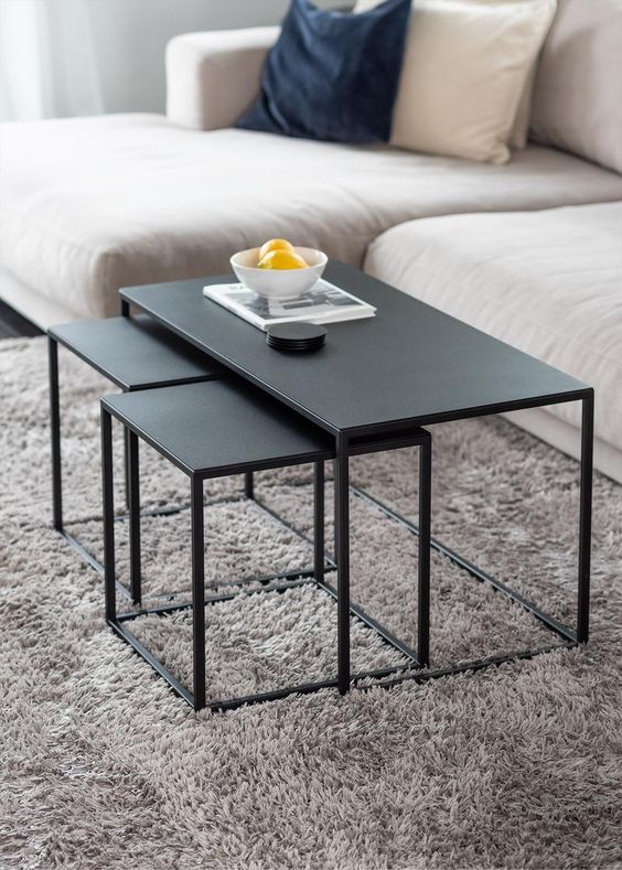 Modern Black Metal Coffee Table with Nesting Stools