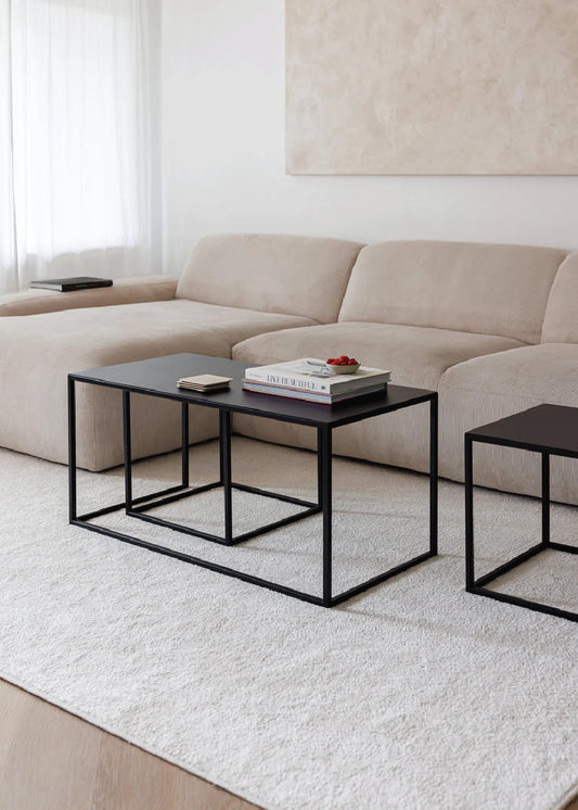 Modern Black Metal Coffee Table with Nesting Stools